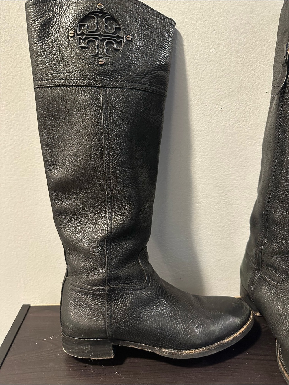 Tory Burch Black Leather Knee-High Logo Riding Boots